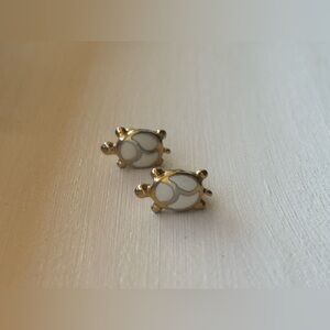 Vintage women’s metal earrings gold and white color miniature detailed turtle